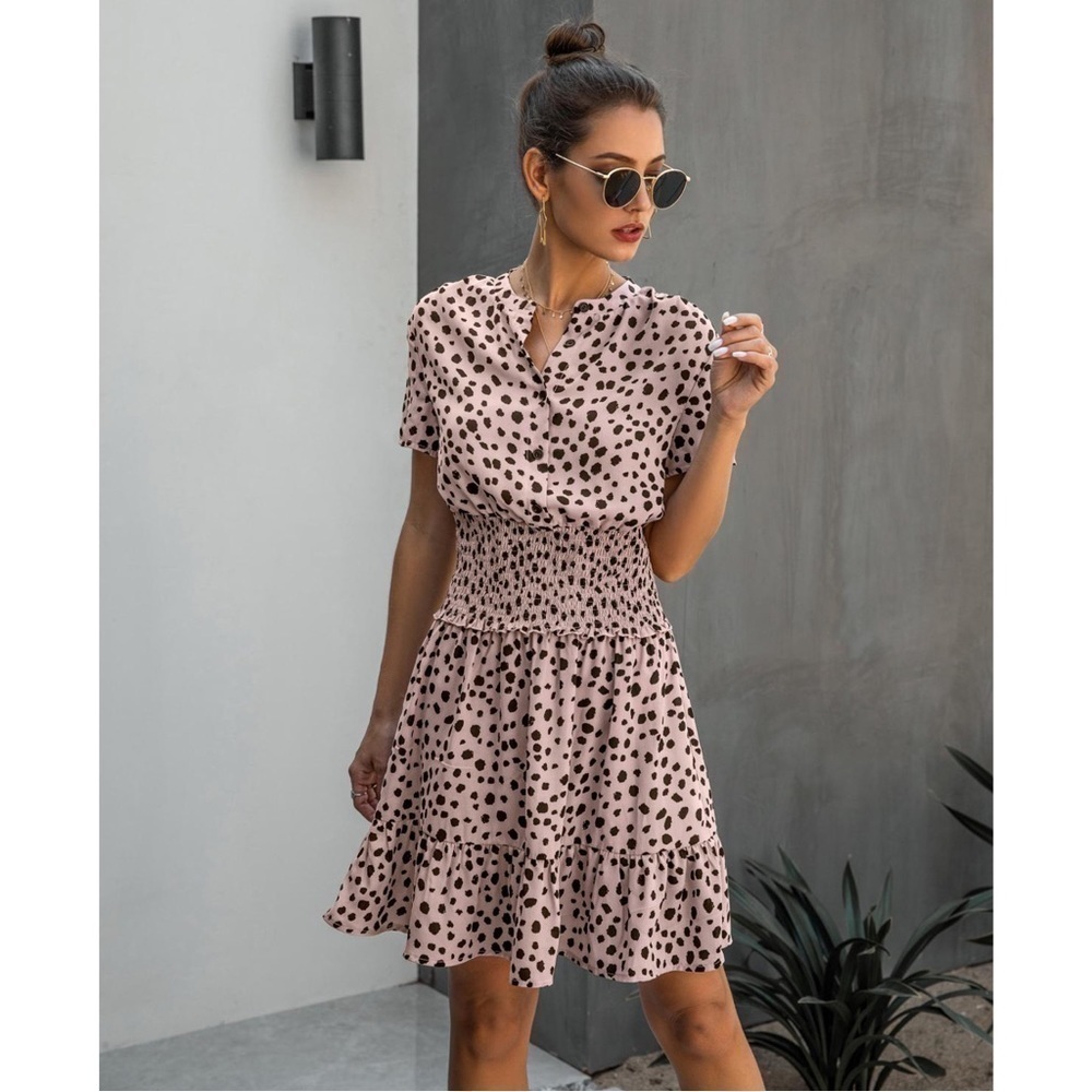 Stellah Printed Smocked Waist Mini Dress Flounce Hem Size Small
